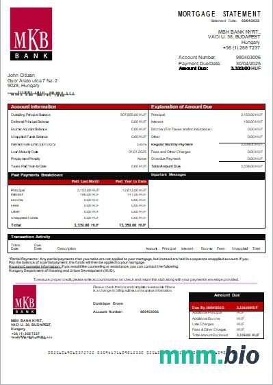 Węgry Bank MKB wyciąg z kredytu hipotecznego szablon Word i PDF